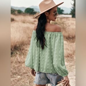 NEW! MISS SPARKLING Off Shoulder Top Blouse SWISS DOTS Sage Mint Green S M Sheer